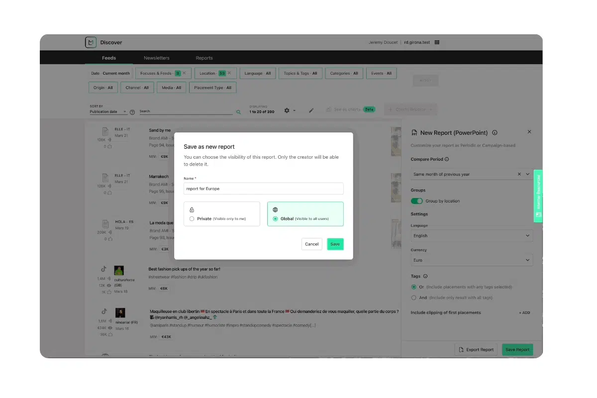 product screen showing sharing a new report options