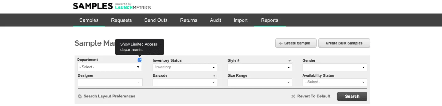 Launchmetrics' samples manager, with a checked box of enabling limited access user roles. 