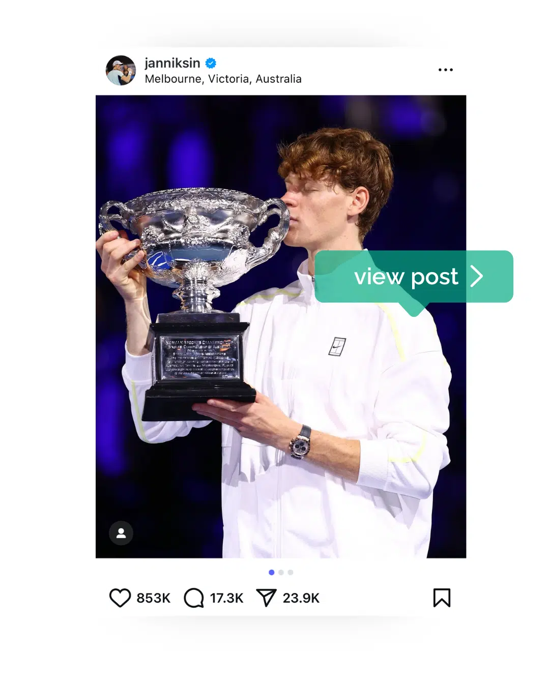 Instagram post of Jannik Sinner, tennis player, kissing a large silver trophy at the Australian Open tournament. 
