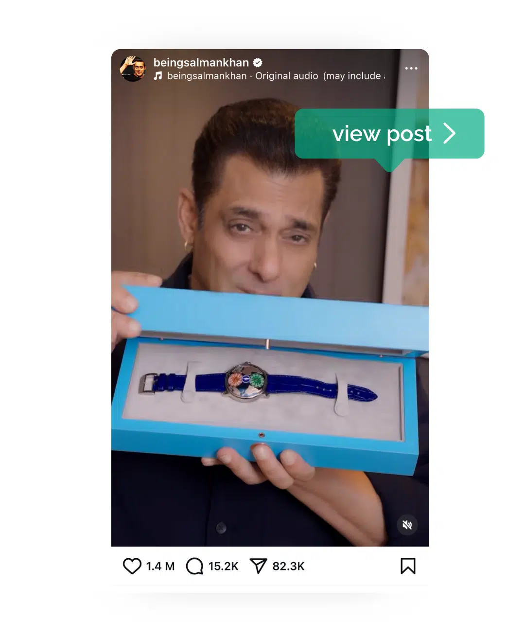 An Instagram image with Salman Khan holding a blue box containing a Jacob & Co blue watch with multiple dials. 